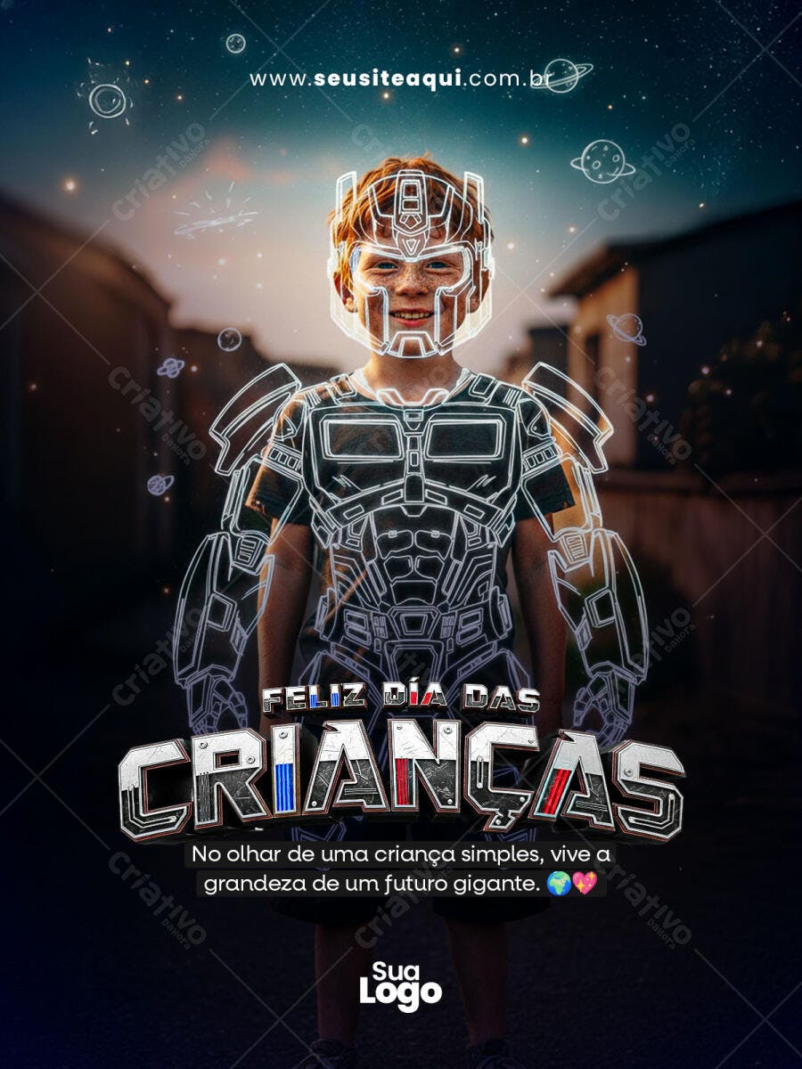 Flyer para Dia das Crianças com Menino Robô e Estrelas PSD Editável
