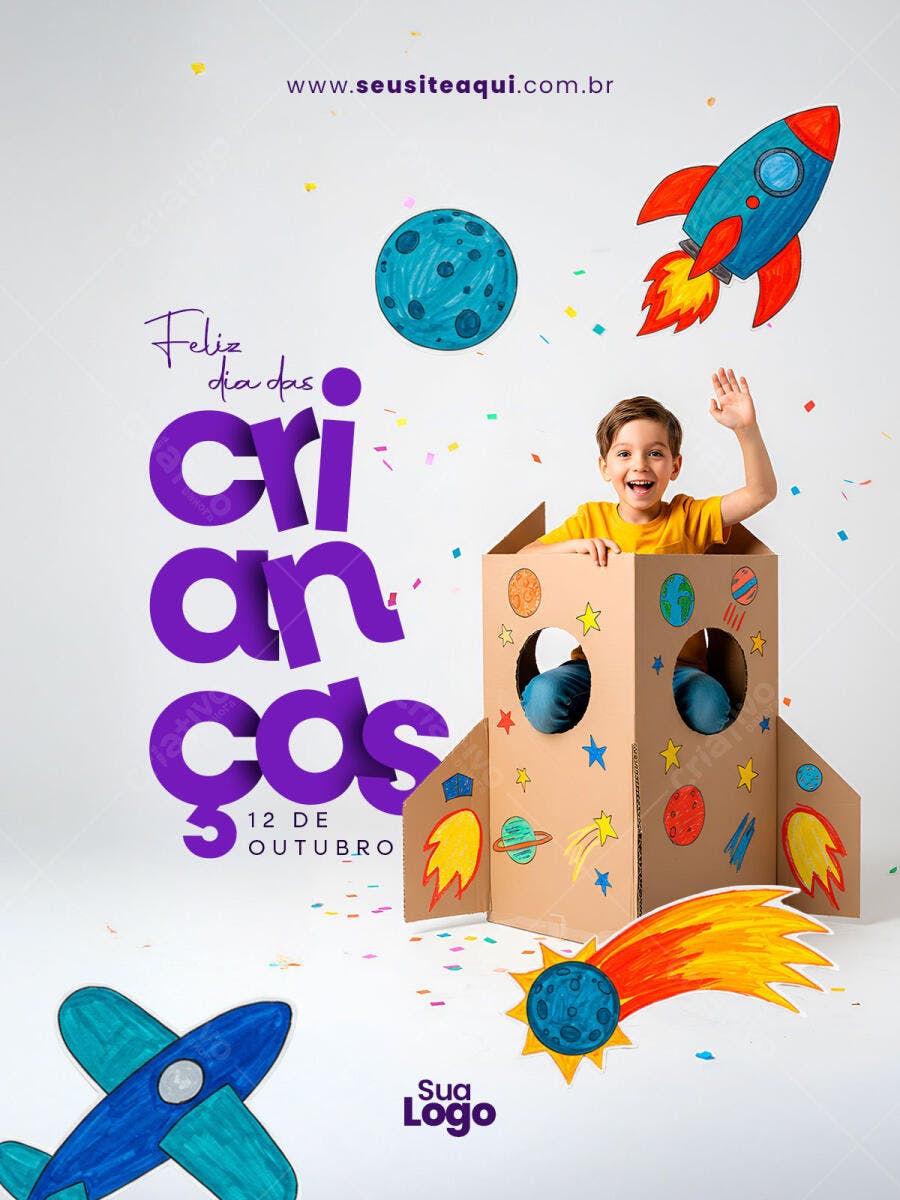 Flyer Dia das Crianças Espacial com Menino no Foguete Psd Editável