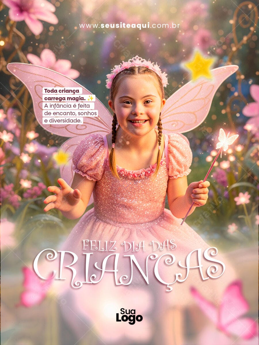 Flyer Dia das Crianças Fada Menina Sorrindo Rosa PSD Editável