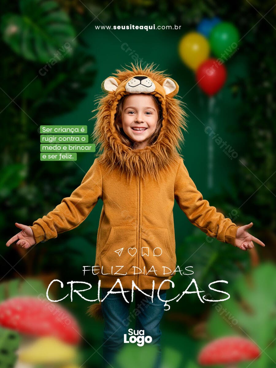Flyer Dia das Crianças menina leão PSD Editável