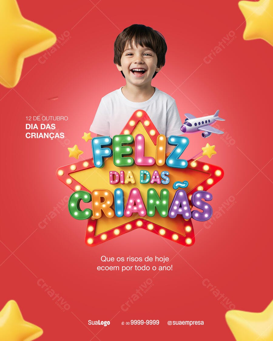 Flyer Dia das Crianças com Menino Sorrindo e Estrelas PSD Editável