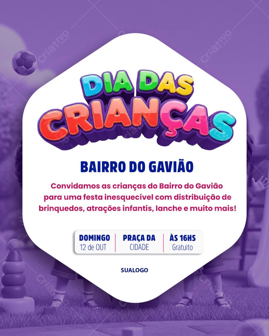 Flyer Dia das Crianças Colorido para Evento Comunitário PSD Editável