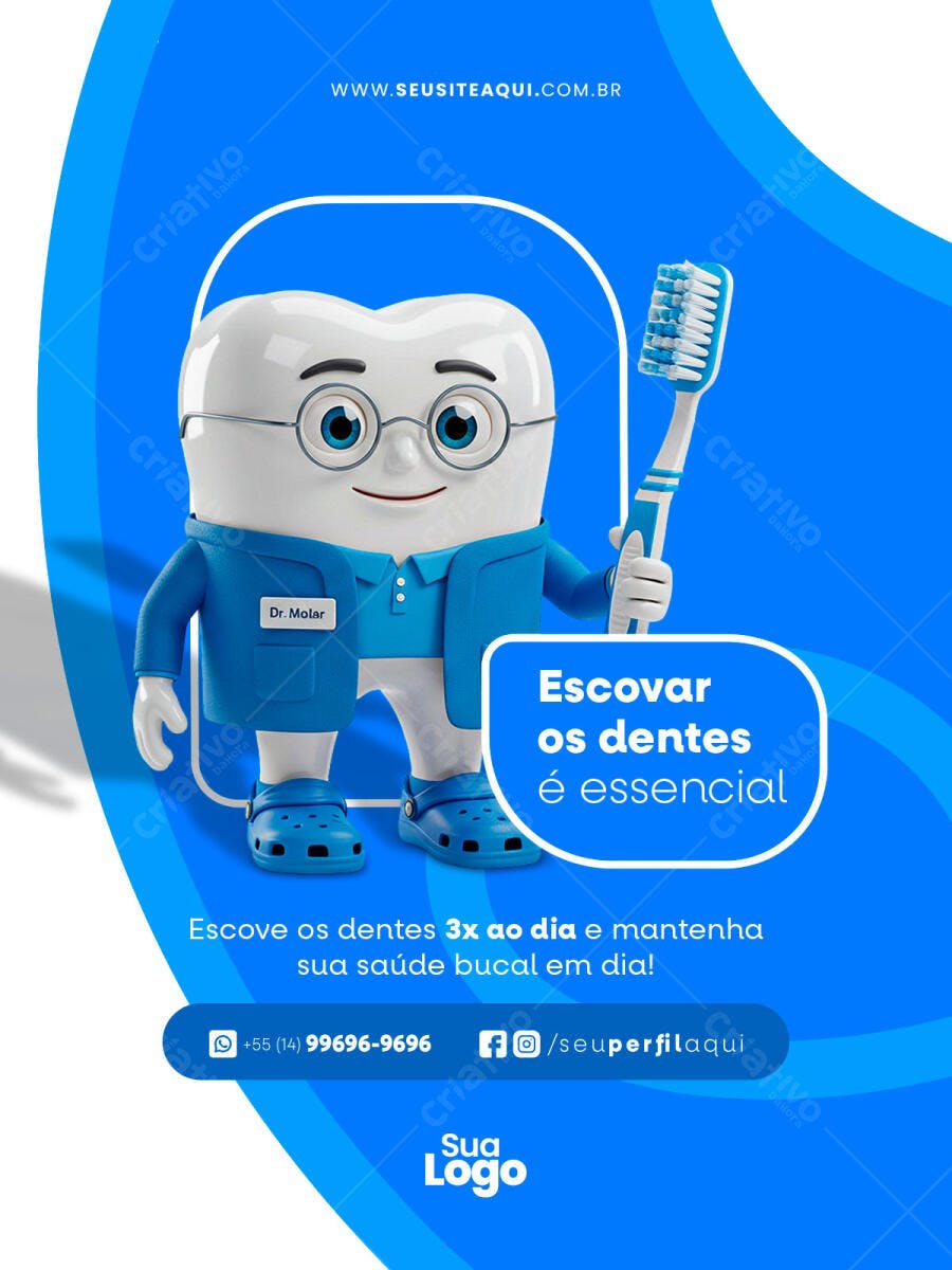 Flyer para Saúde Bucal com Dr. Molar e Escova de Dentes Psd Editável