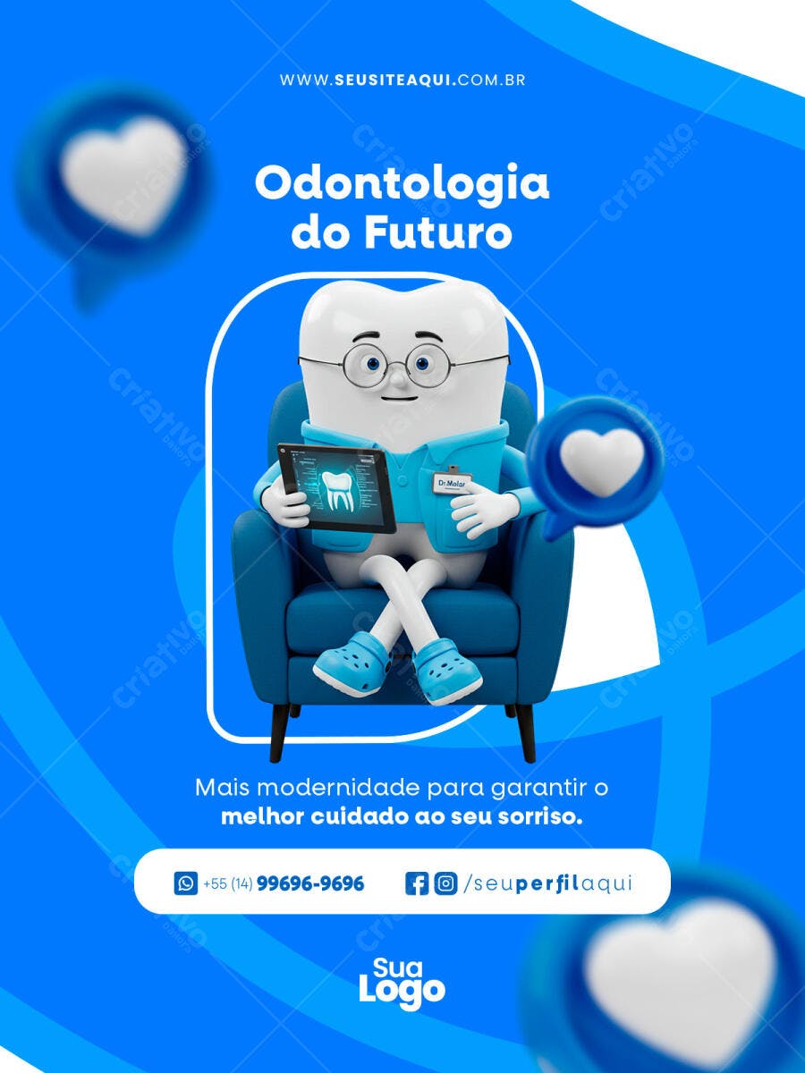 Post Redes Sociais Odontologia do Futuro com Dente 3D PSD Editável