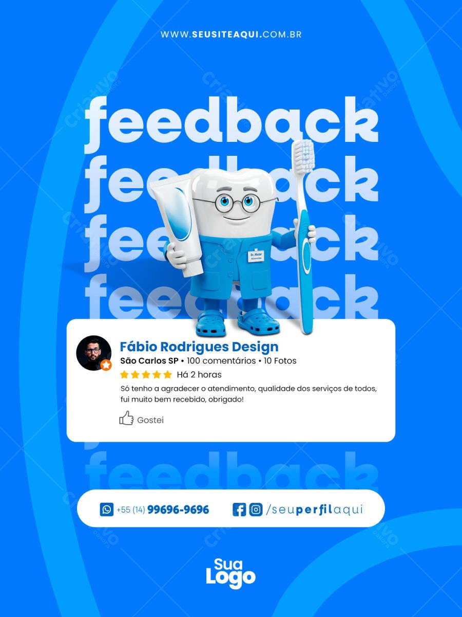 Post Feedback Odontológico com Personagem Dente PSD Editável