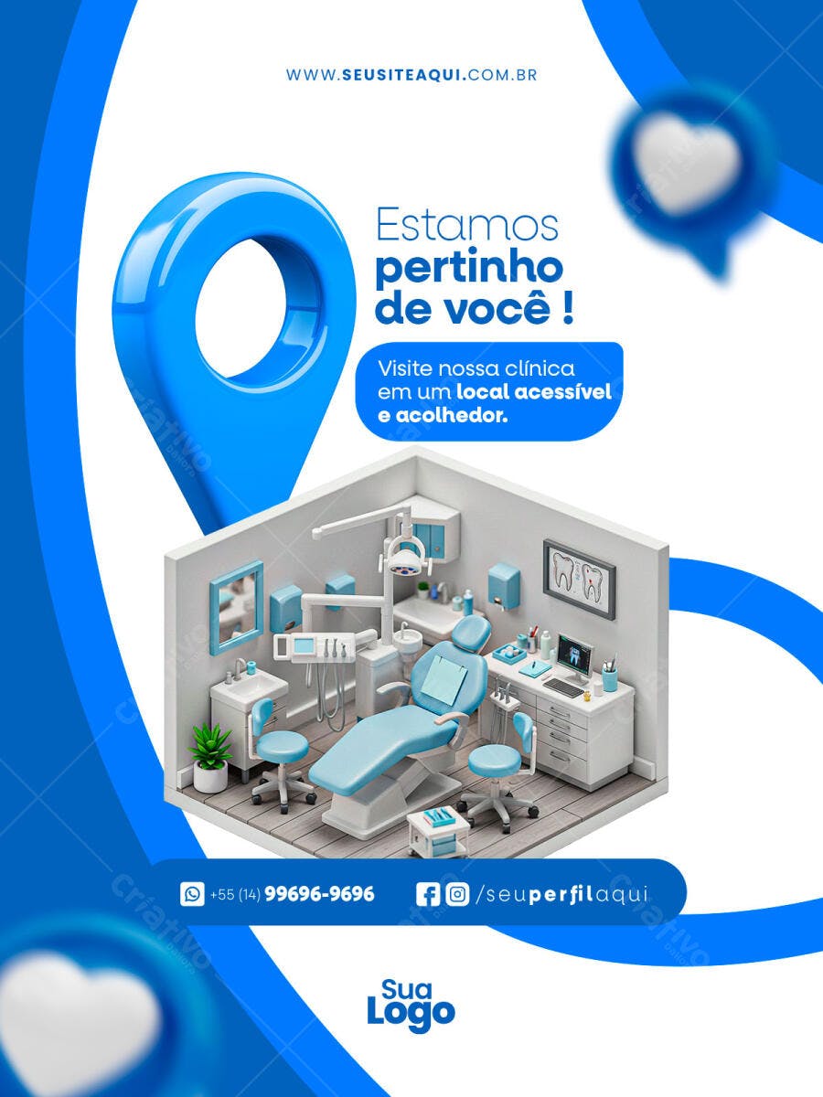 Flyer Azul Moderna Clínica Odontológica Estamos Pertinho de Você PSD Editável
