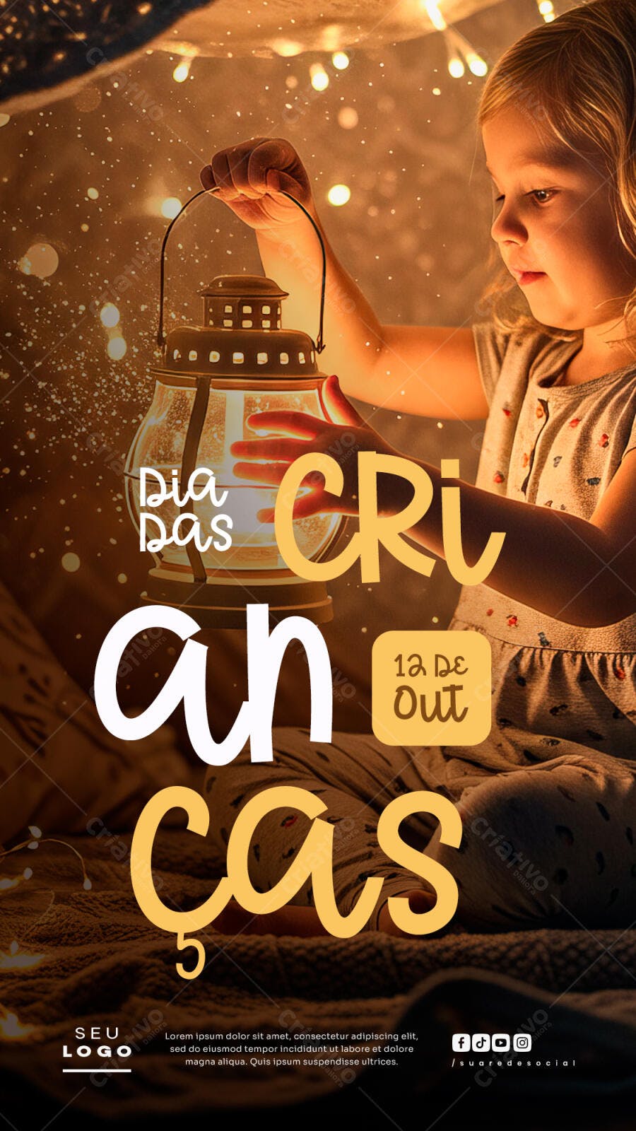 Flyer Dia das Crianças Menina Lanterna Mágica PSD Editável