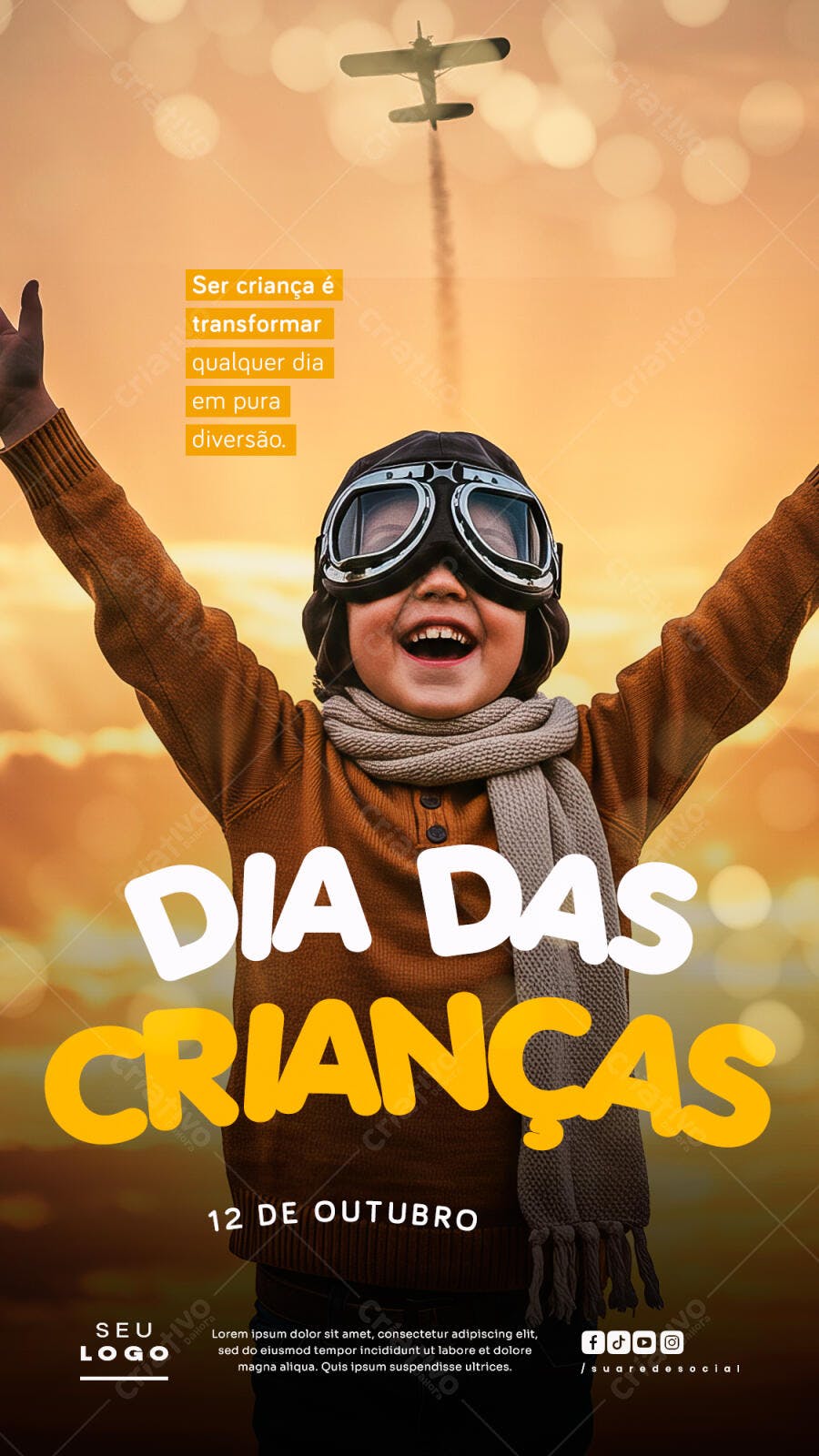 Flyer Dia das Crianças Criança Aviador Céu Laranja PSD Editável