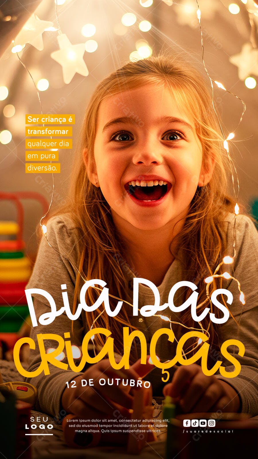 Flyer Dia das Crianças Menina Loira Luzes Fadas PSD Editável