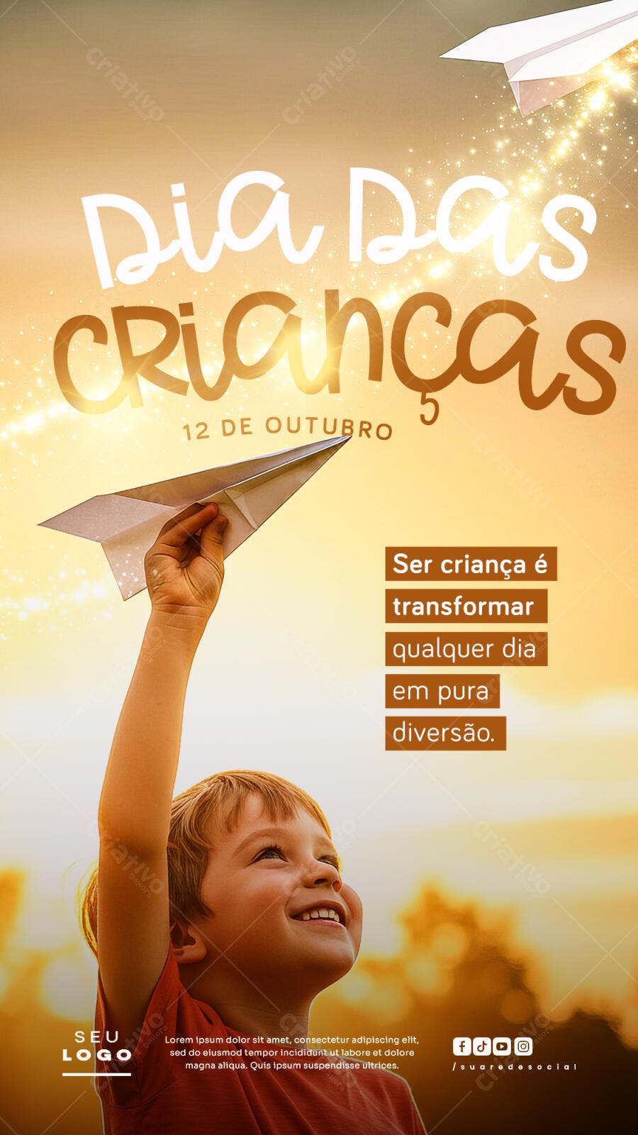 Flyer para Dia das Crianças com Menino Sorrindo Avião de Papel PSD Editável