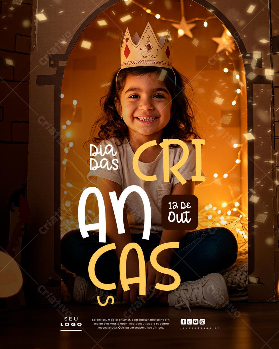 Flyer Dia das Crianças Menina Coroa Mágica PSD Editável