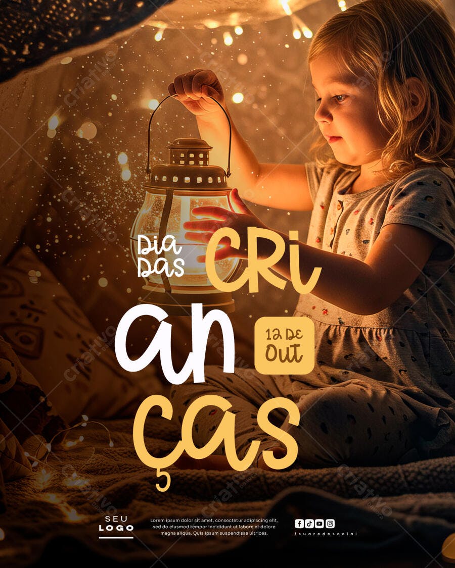 Flyer Dia das Crianças Menina com Lanterna Psd Editável
