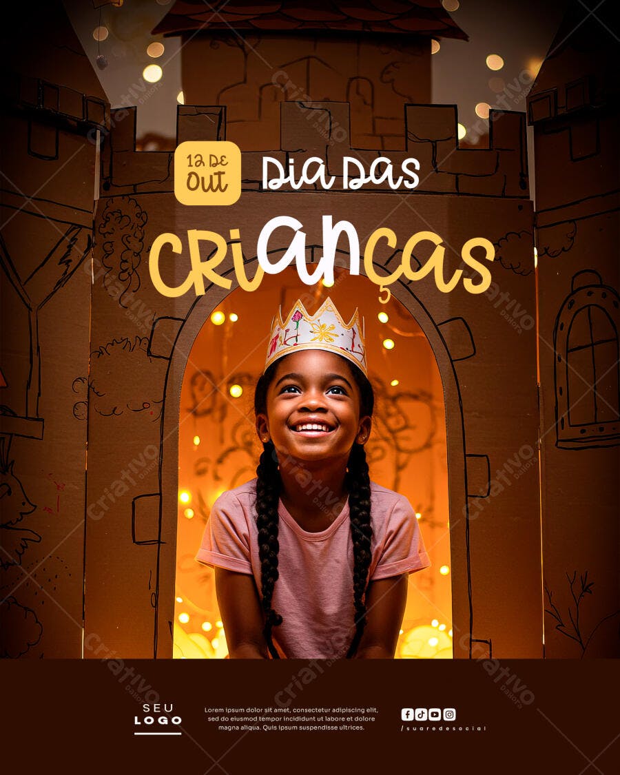 Flyer 12 de Outubro Dia das Crianças Menina Castelo PSD Editável