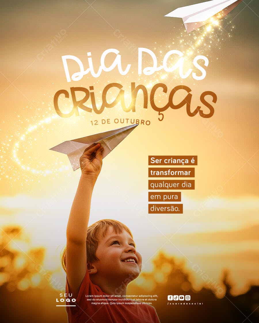 Flyer Dia das Crianças com Menino e Avião de Papel PSD Editável