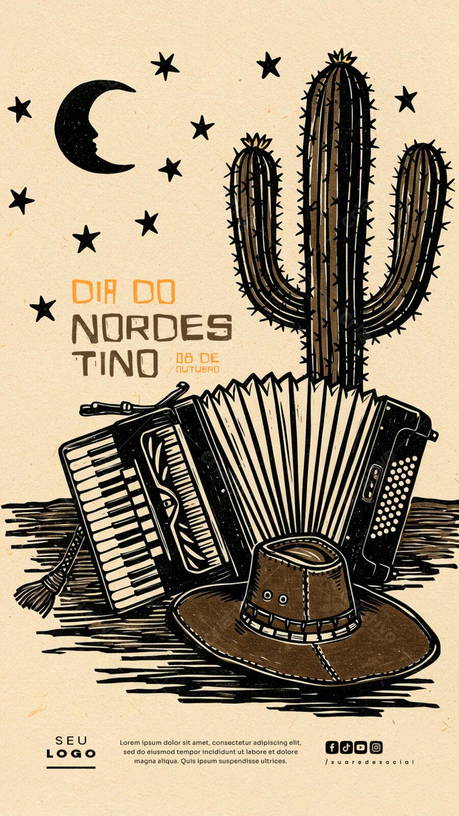 Flyer Dia do Nordestino com Sanfona e Cactos PSD Editável