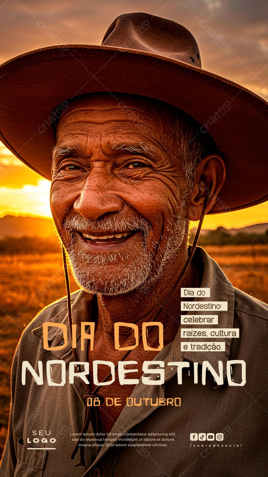 Flyer Dia do Nordestino Homem Sorrindo Chapéu Couro PSD Editável