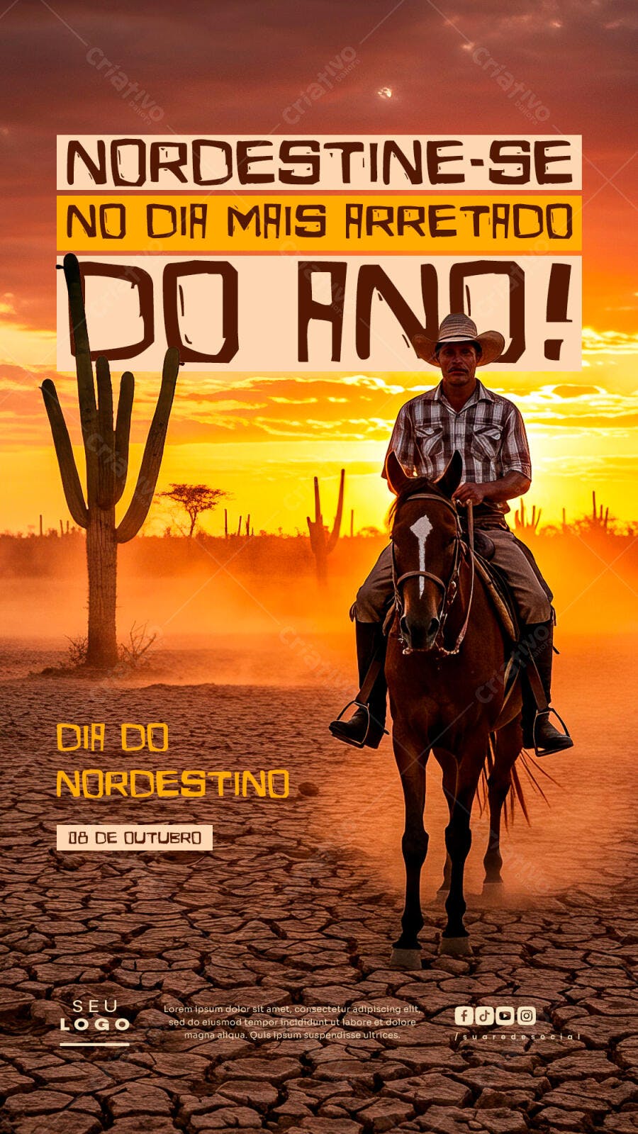 Flyer Dia do Nordestino com Vaqueiro e Cavalo PSD Editável