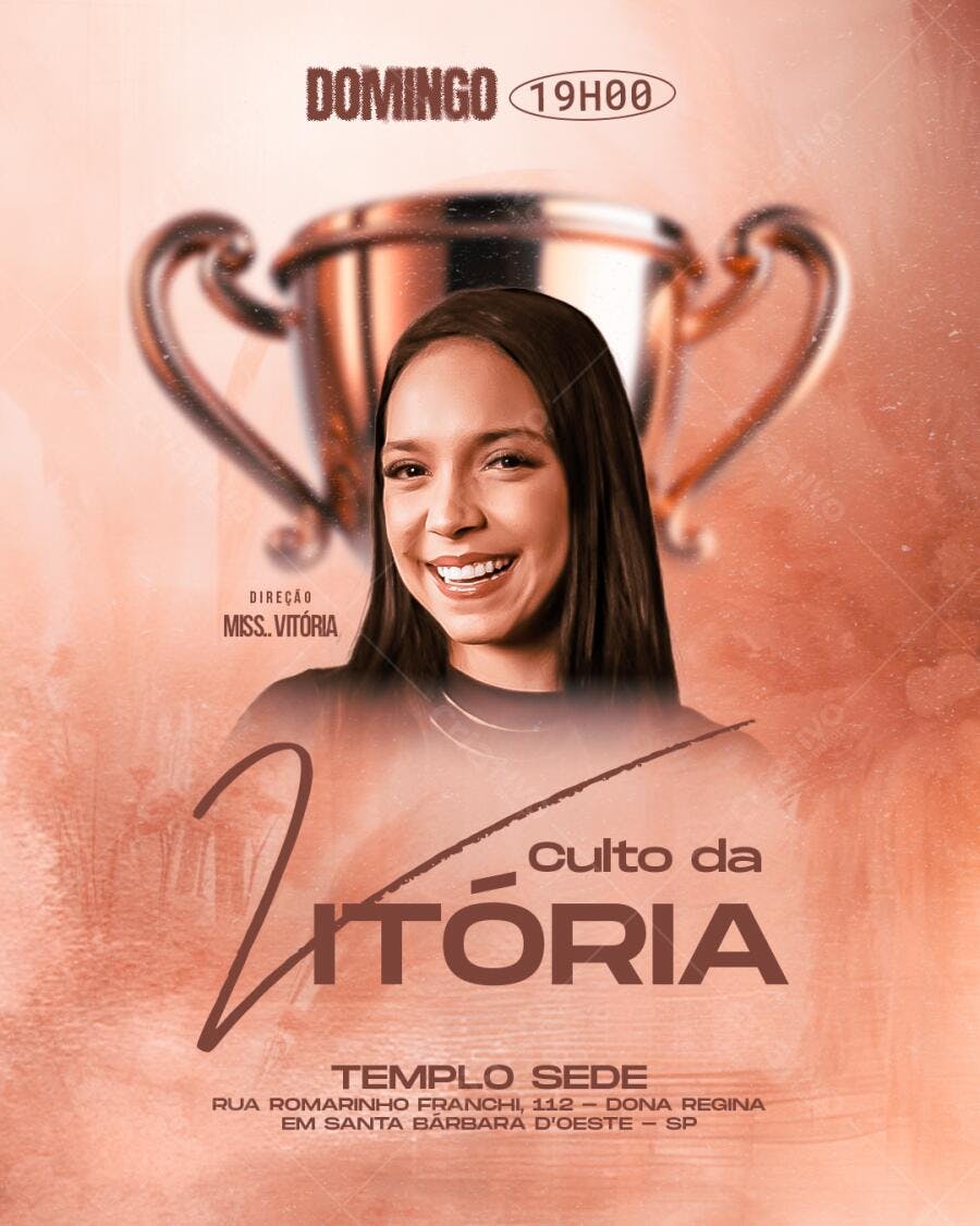 Flyer para Culto da Vitória com Miss Vitória PSD Editável