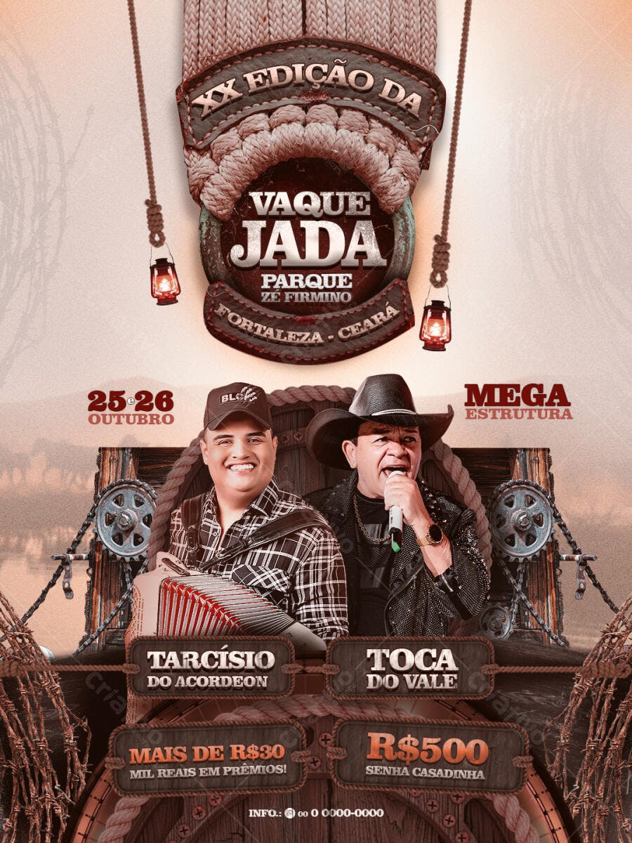 Flyer Vaquejada XX Edição com Tarcísio do Acordeon e Toca do Vale Fortaleza PSD Editável