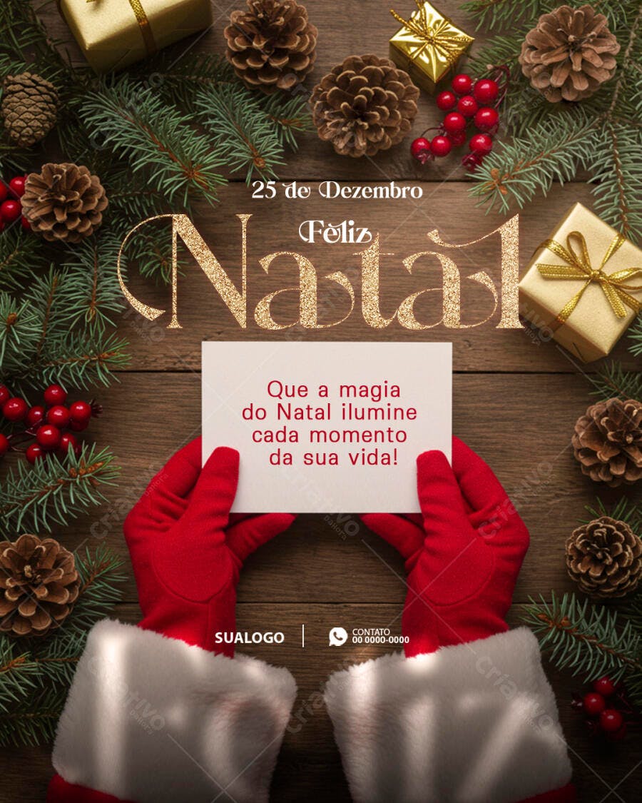 Post de Natal Mãos Papai Noel Decoração Dourada Psd Editável