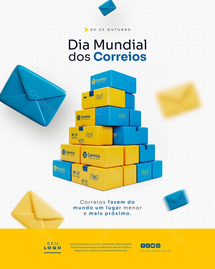 Flyer Dia Mundial dos Correios com Caixas e Envelopes Azuis Amarelos PSD Editável