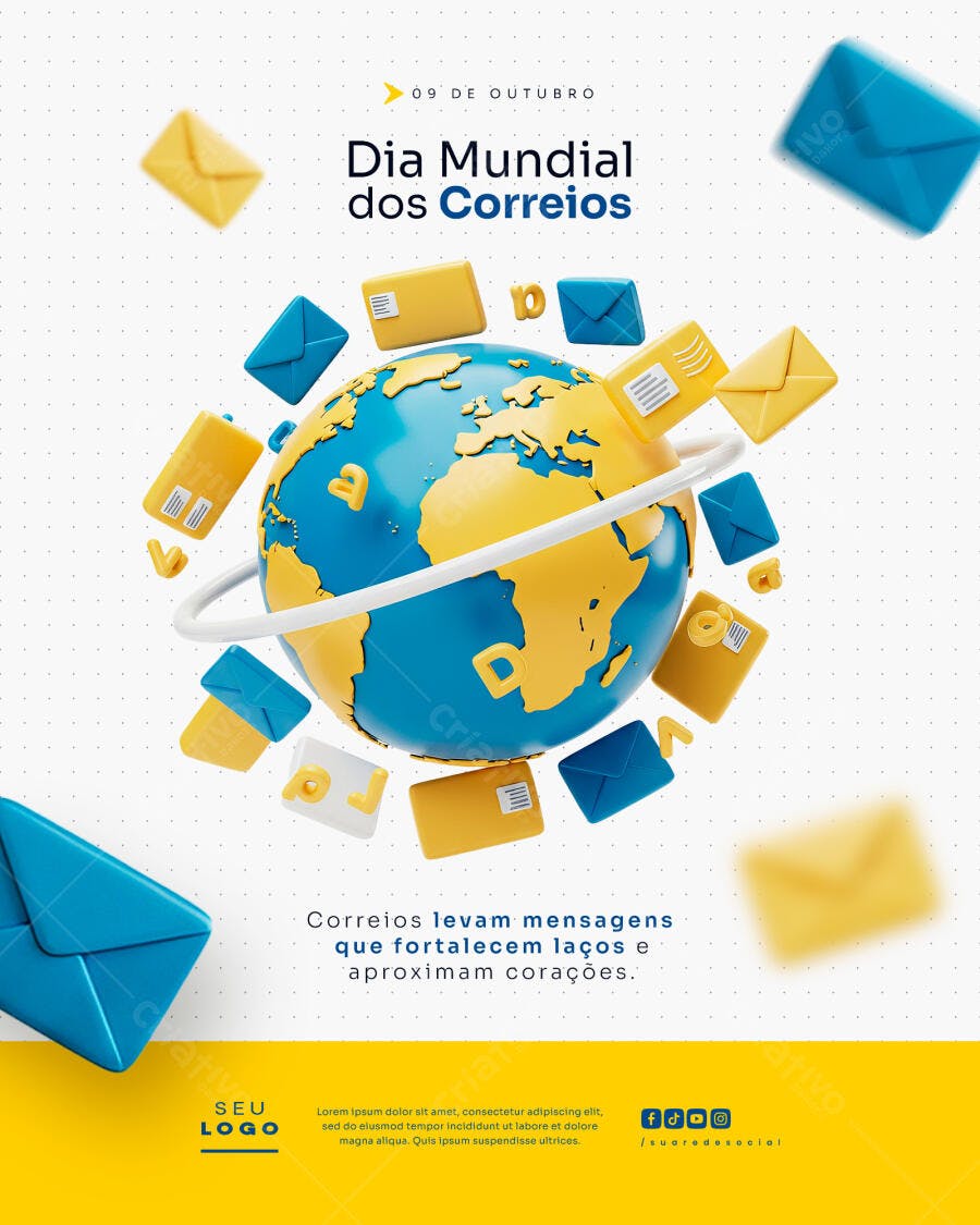 Post Redes Sociais Dia Mundial dos Correios com Globo 3D PSD Editável