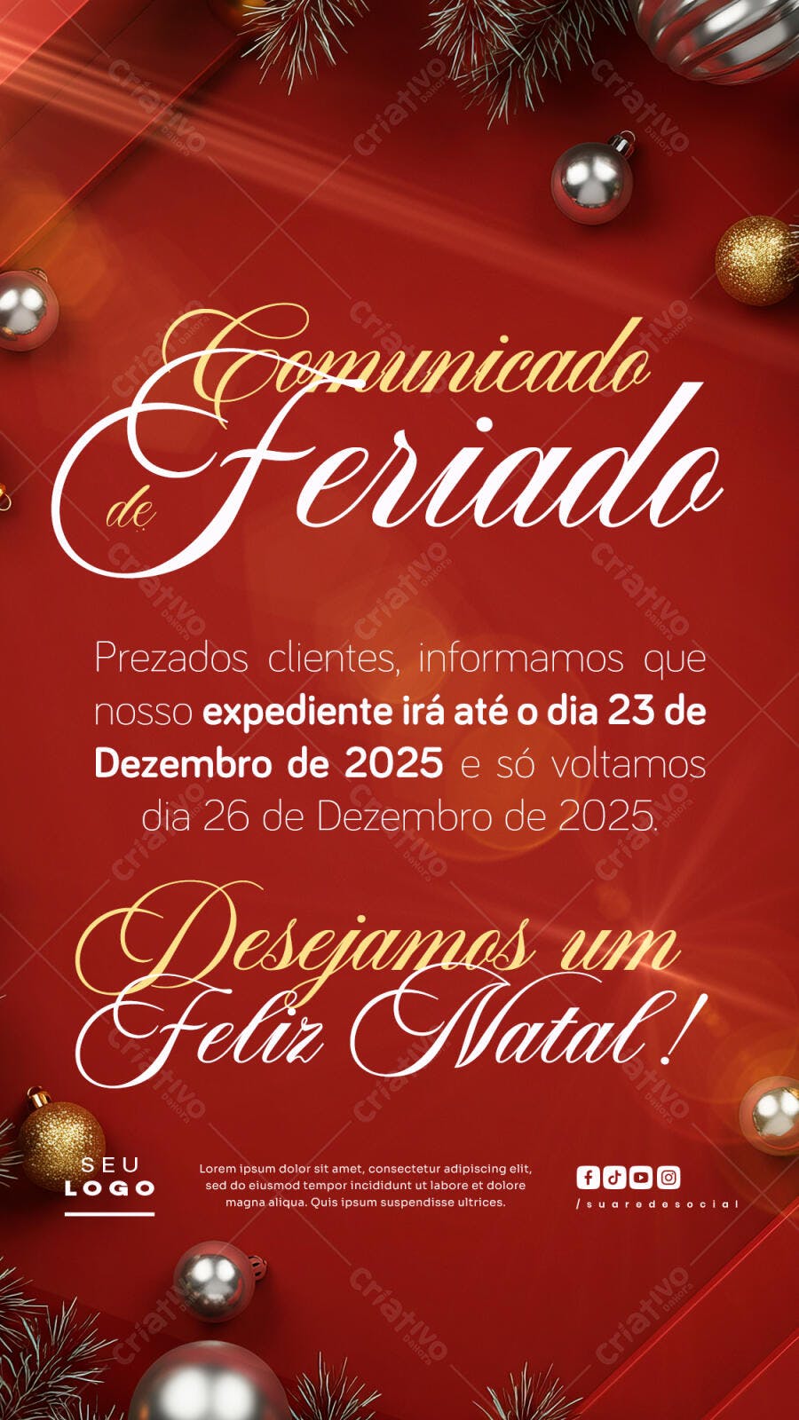 Flyer Comunicado de Feriado Natalino Vermelho Dourado PSD Editável