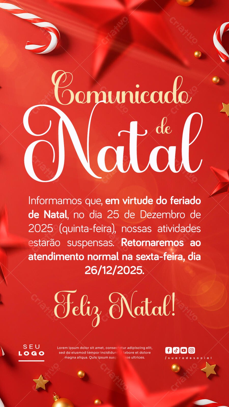 Comunicado de Natal para Recesso de Fim de Ano Psd Editável