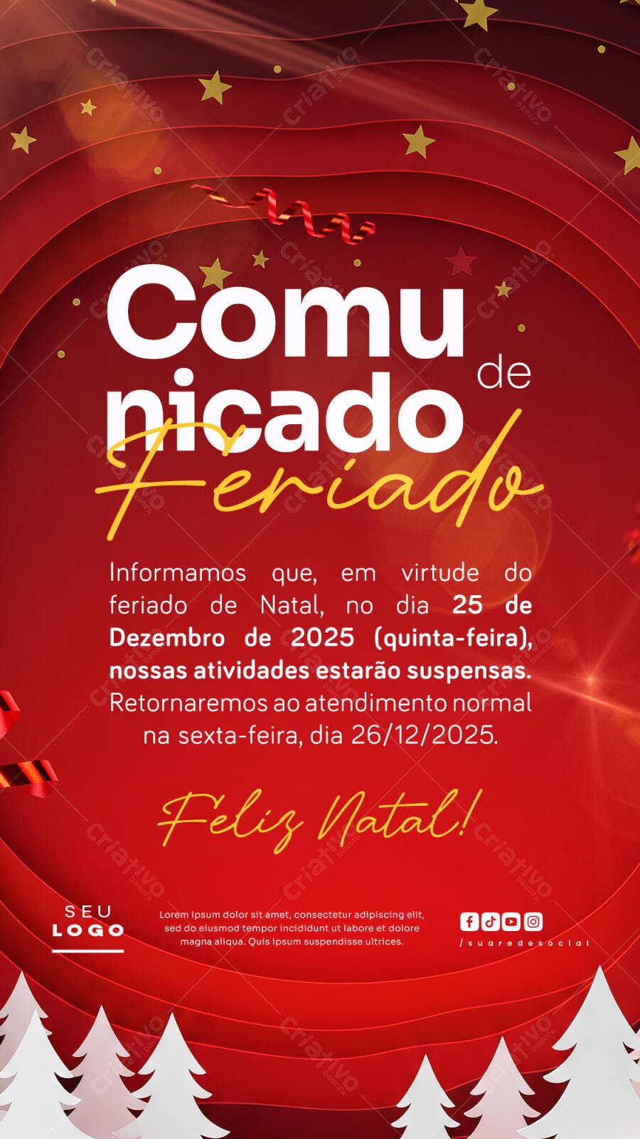 Comunicado de Feriado de Natal com Estrelas Douradas PSD Editável