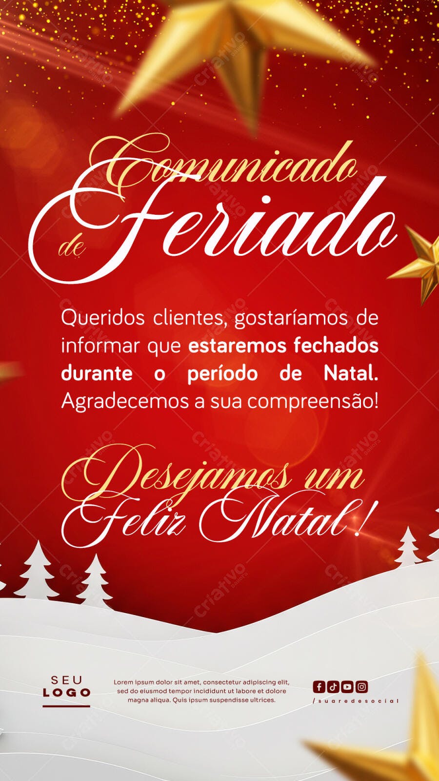Flyer Comunicado Feriado Natal Vermelho Dourado PSD Editável