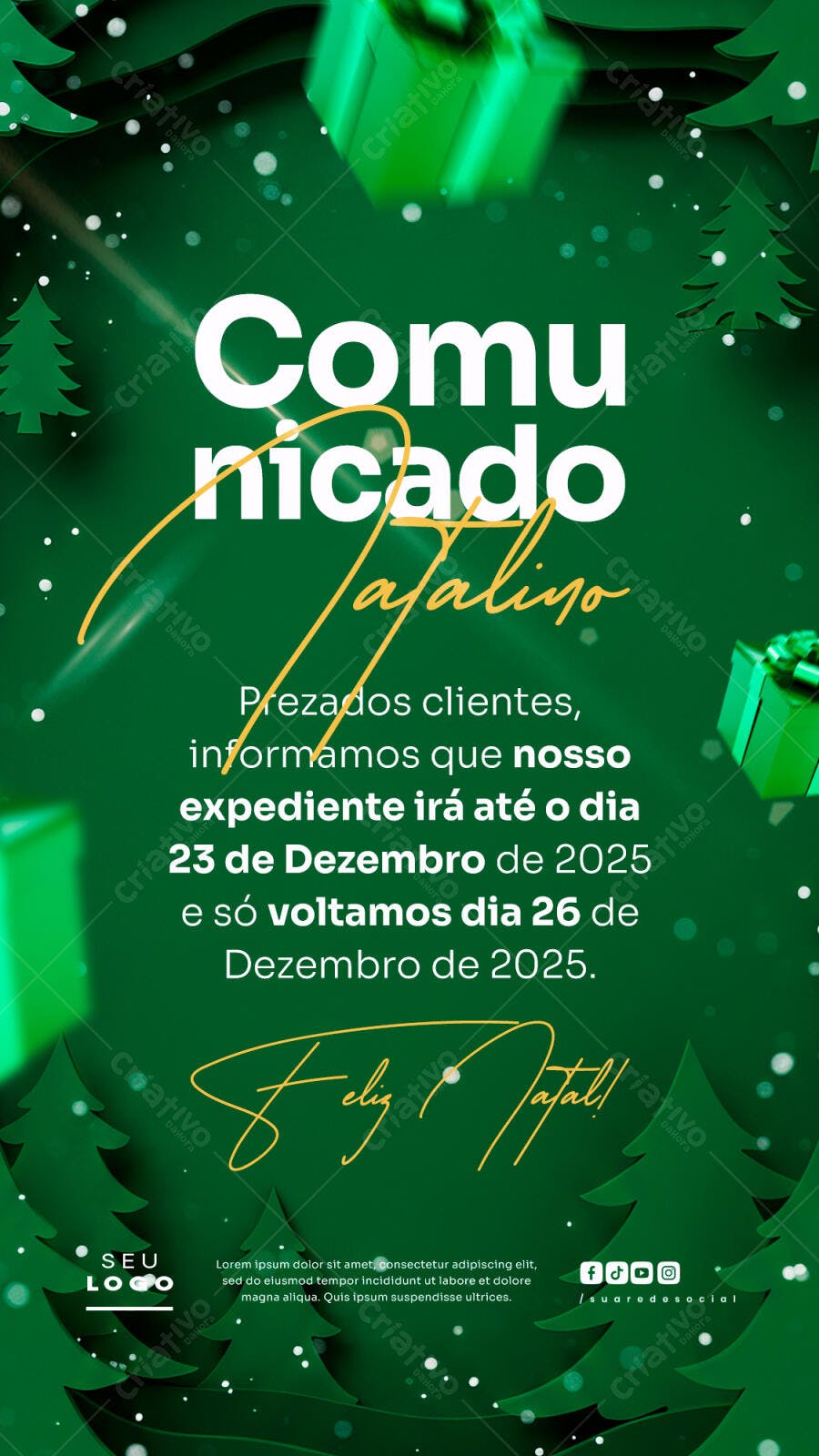 Comunicado Natalino para Recesso de Fim de Ano Verde PSD Editável
