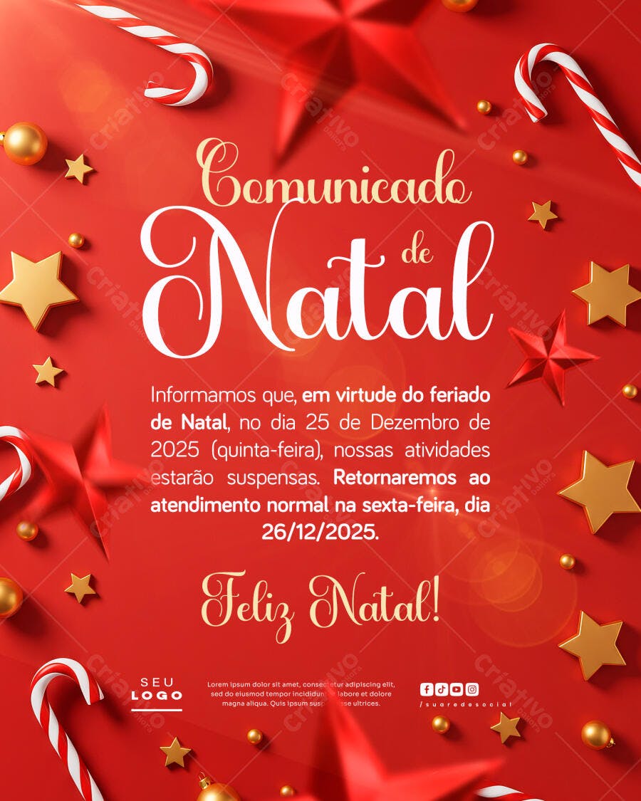 Flyer Comunicado de Natal Suspensão de Atividades PSD Editável