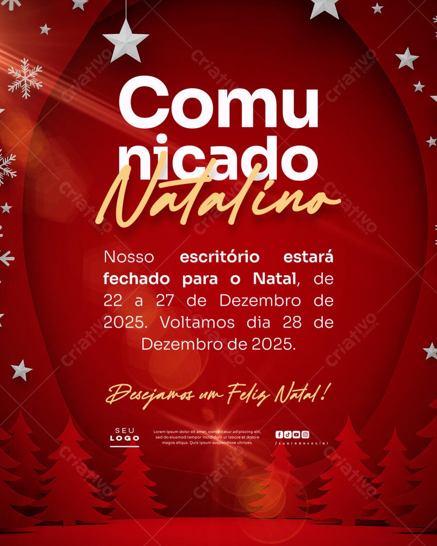 Flyer Comunicado Natalino para Fechamento Fim Ano PSD Editável