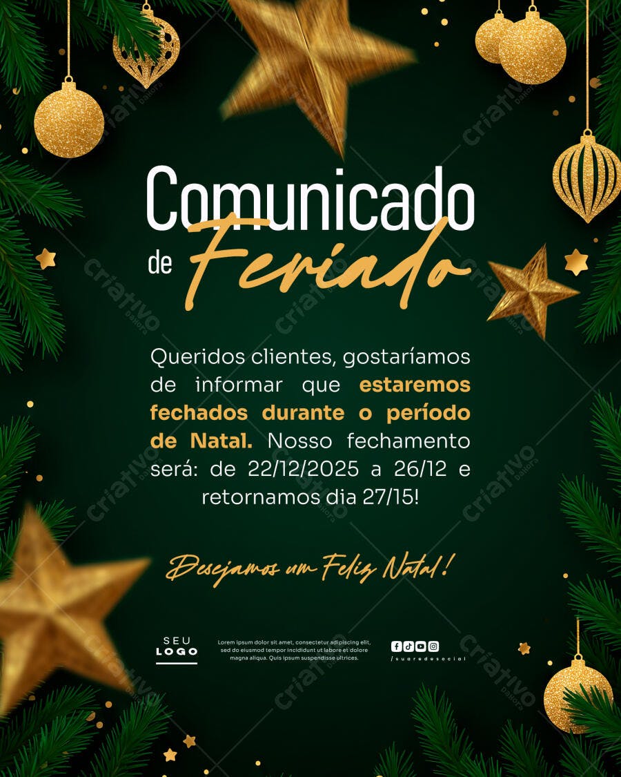 Flyer para Comunicado de Feriado de Natal PSD Editável