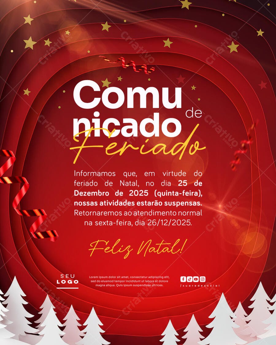 Flyer Comunicado de Feriado Natal 2025 Vermelho Psd Editável