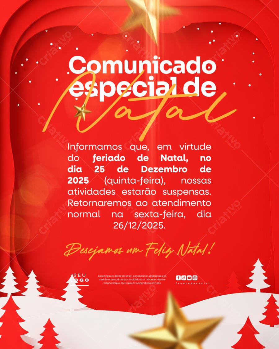 Flyer Comunicado de Natal Feriado 2025 Psd Editável