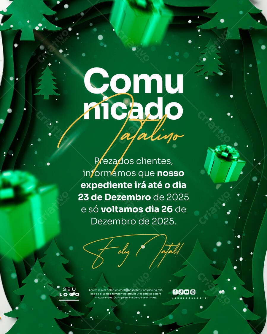 Flyer Comunicado Natalino Expediente Fim de Ano PSD Editável