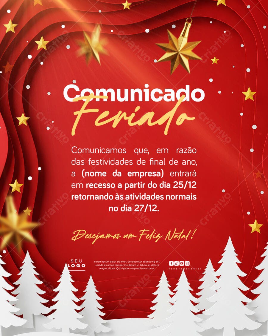 Comunicado Feriado Natal Vermelho Dourado PSD Editável