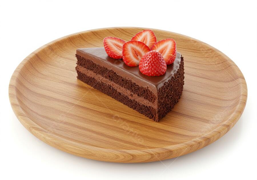 Fatia de bolo de chocolate com morangos frescos em prato de madeira isolado