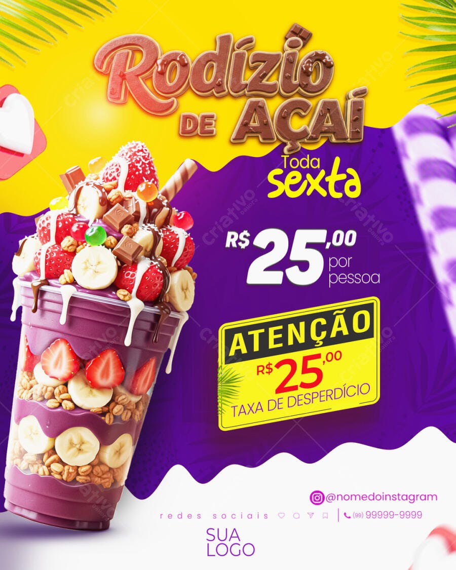 Flyer Rodízio de Açaí com Frutas e Toppings Variados PSD Editável