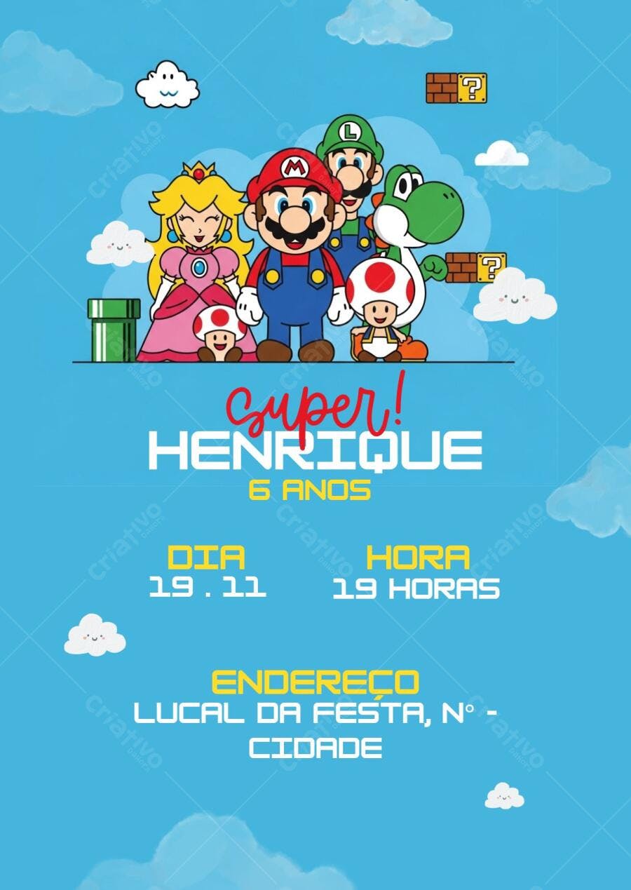 Convite de aniversário infantil Super Mario Bros com Mario Luigi Peach Yoshi e Toad Editável no Canva
