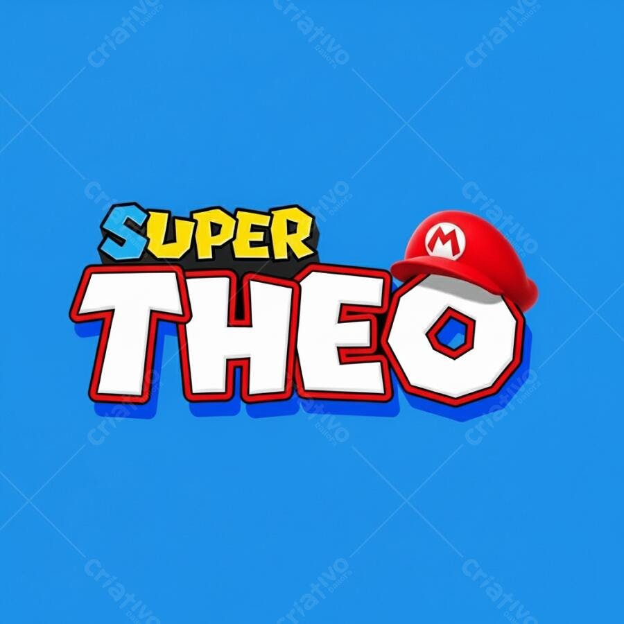 Logo Super Theo com chapéu Mario vermelho em fundo azul vibrante e estilo videogame