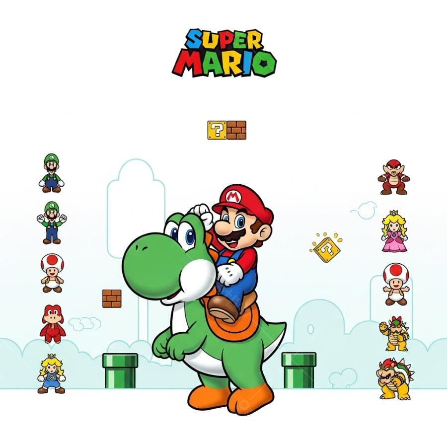 Mario e Yoshi montados em cena de videogame Super Mario com amigos e vilões coloridos