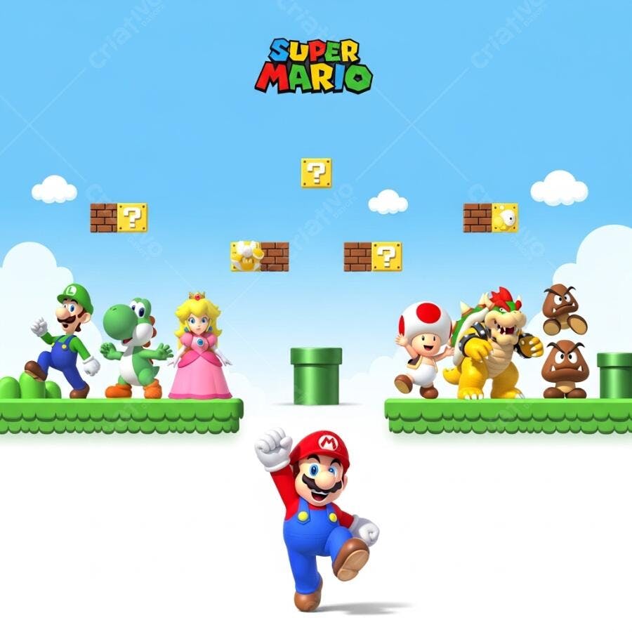 Personagens Super Mario com Mario, Luigi e Peach em cenário de videogame azul e verde