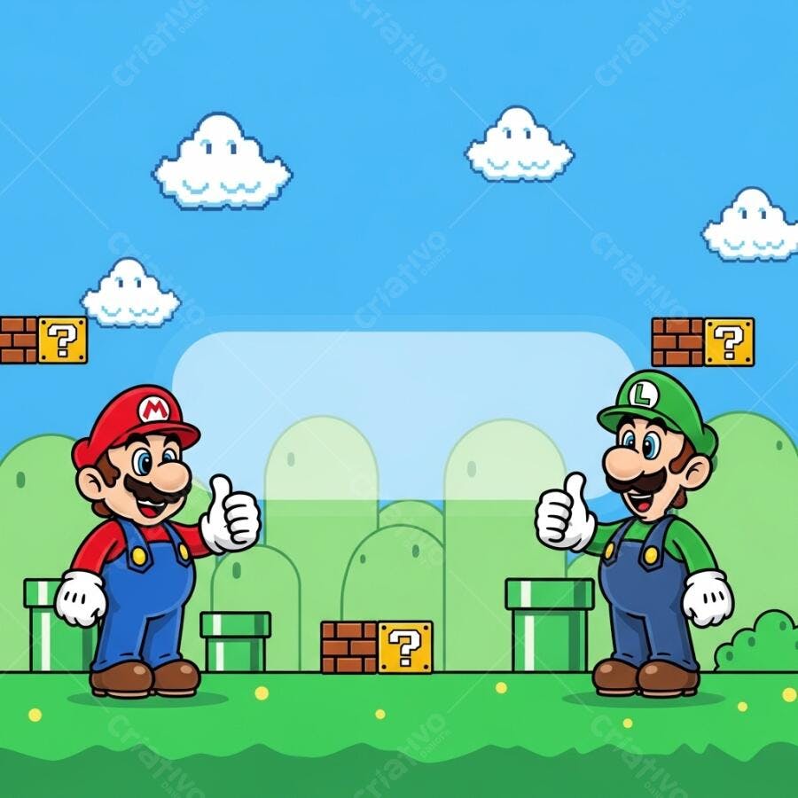 Mario e Luigi sorrindo com polegares para cima em cenário pixelado de videogame