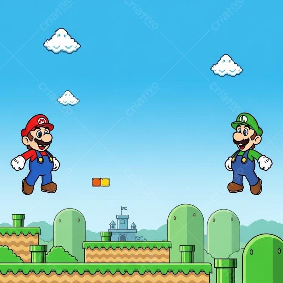 Mario e Luigi alegres em cenário de videogame clássico com nuvens e castelo