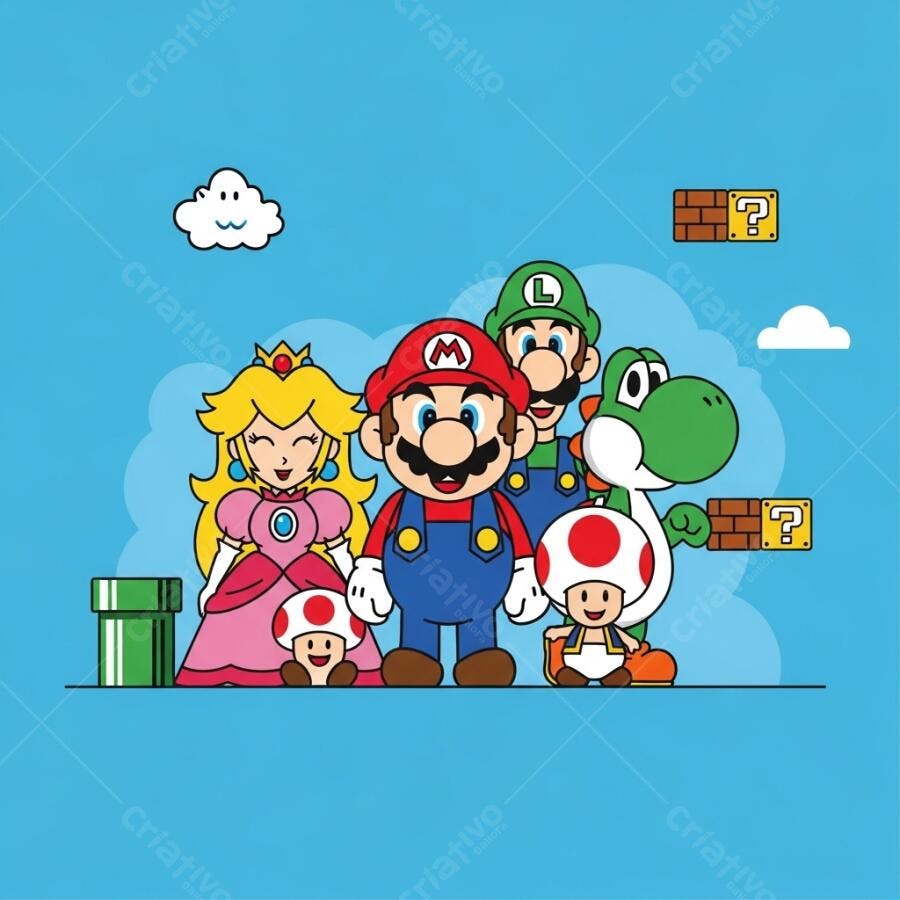 Super Mario Bros personagens em cenário azul de videogame com nuvens e blocos