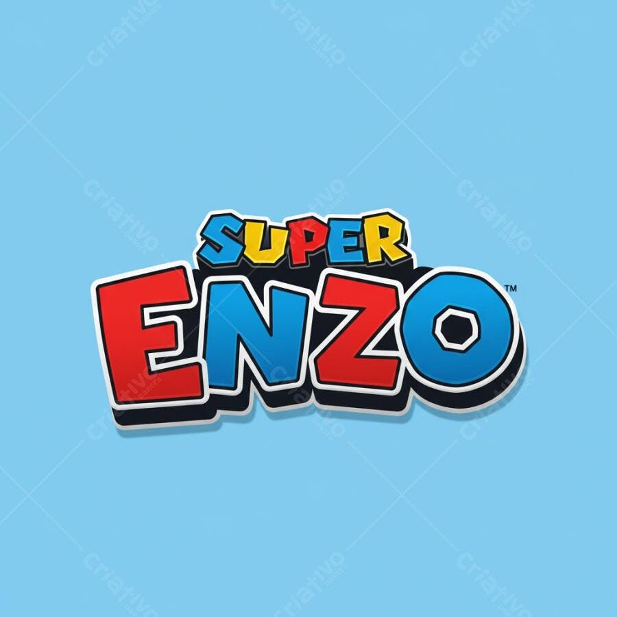 Logo Super Enzo estilo videogame em fundo azul claro divertido