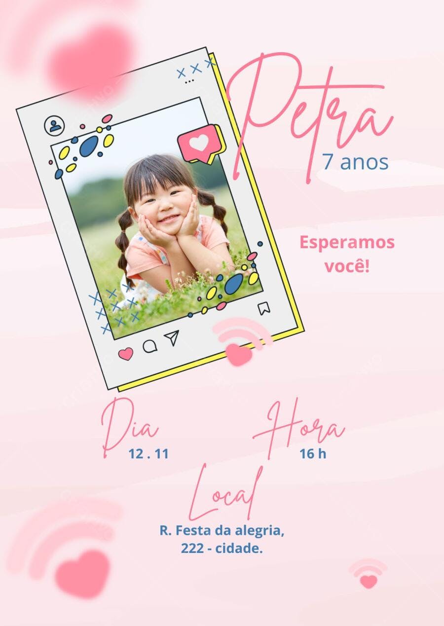 Convite de aniversário infantil tema Instagram com foto rosa e amarelo Editável no Canva
