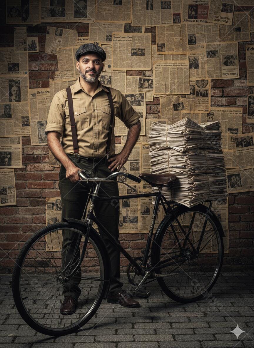 Jornaleiro pardo sorridente com bicicleta vintage e jornais em fundo retro